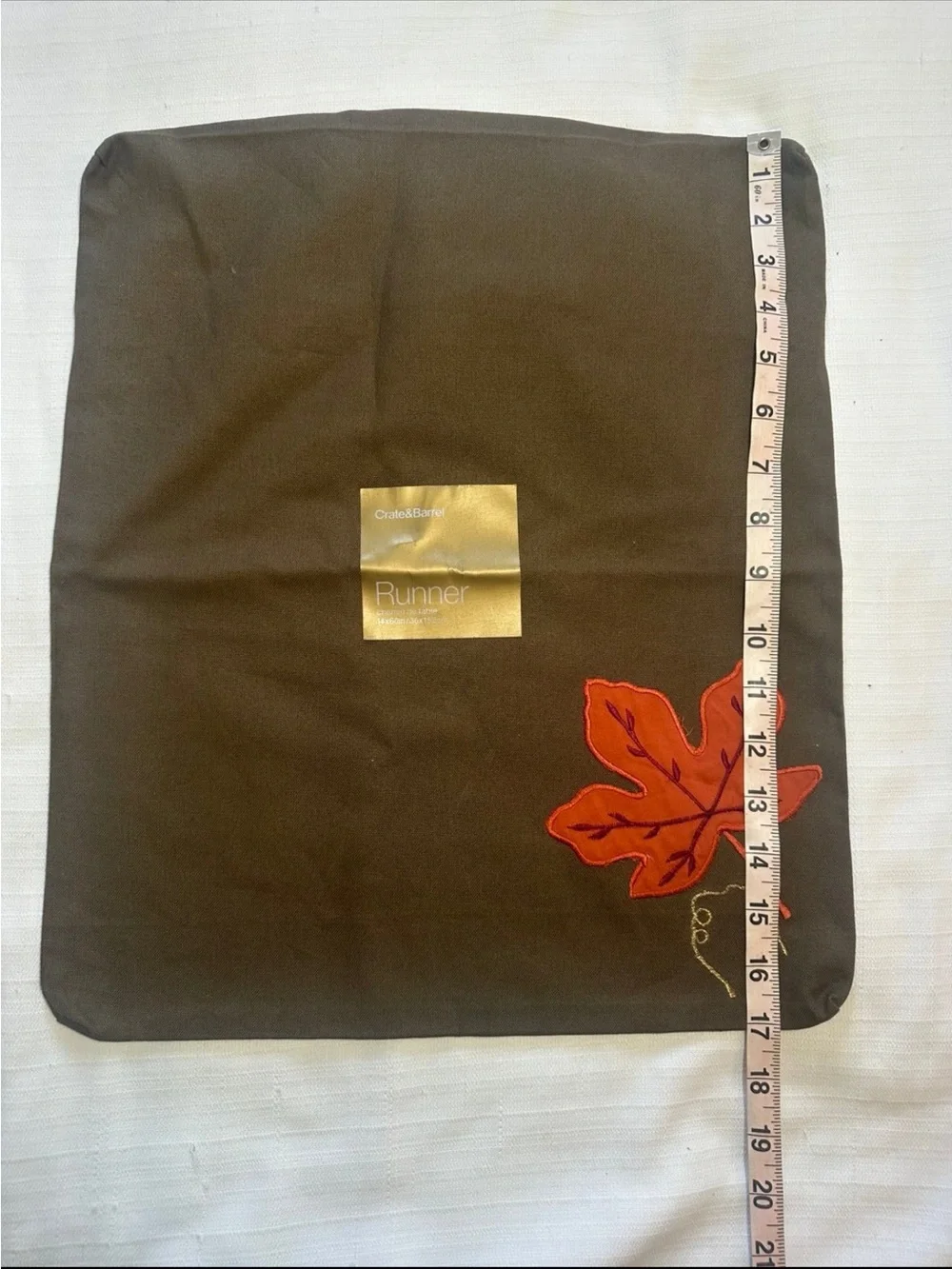 Crate & Barrel Cotton Pillow Cover Brown Embroidered Fall Leaf New 14x16
